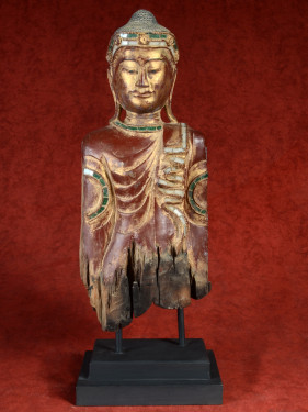 Boeddhahoofd torso hout met bladgoud en glasmozaïek