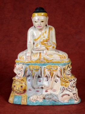 Antiek albasten Boeddhabeeld op dieren-troon, Birma