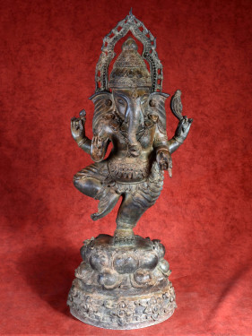 Antiek Bronzen Ganesha Beeld Dansende Pose met Gebroken Slagtand