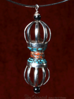 Grote Tibetaanse Vajra Hanger Zilver Turkoois en Rode Koraal