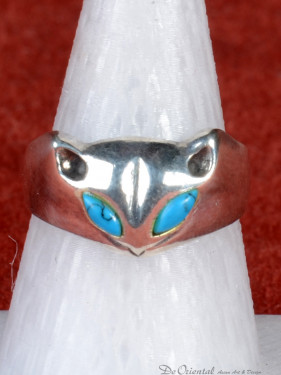 Ring met kop van een kat met turkoois ingelegde ogen 925