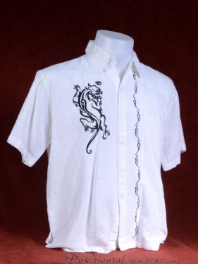 Linnen tropenshirt met geborduurde Aziatische tijger zwart op wit