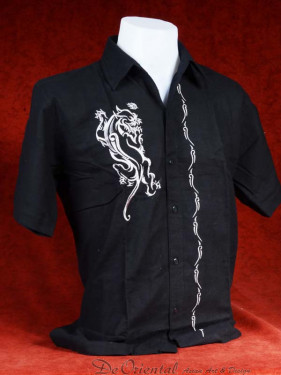 Linnen tropenshirt met geborduurde Aziatische tijger wit op zwart