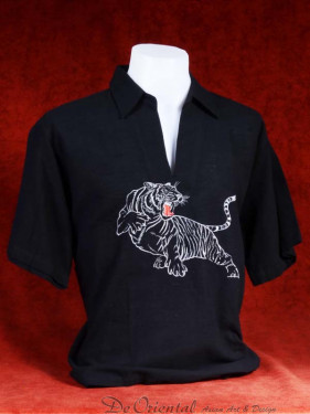 Linnen tropenshirt met geborduurde tijger zwart-goud