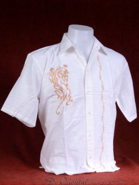 Linnen tropenshirt met geborduurde Aziatische tijger goud op wit