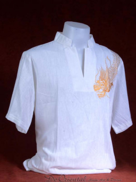 Linnen tropenshirt met draak over schouder wit