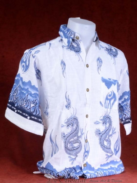 Tropenshirt met knoopjes en draken print blauw