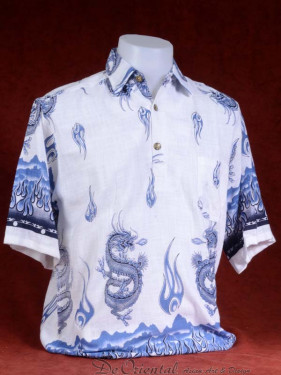 Tropenshirt met kraag sluiting en draken print blauw.