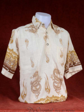 Tropenshirt met kraag sluiting en draken print beige.