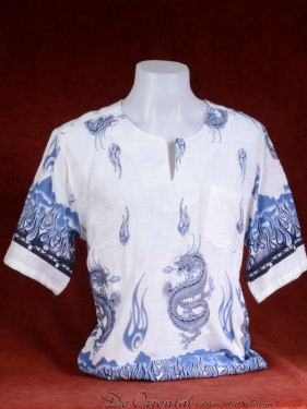 Tropenshirt zonder kraag en met draken print blauw.