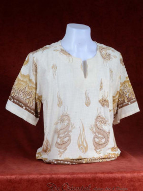 Tropenshirt zonder kraag en met draken print beige