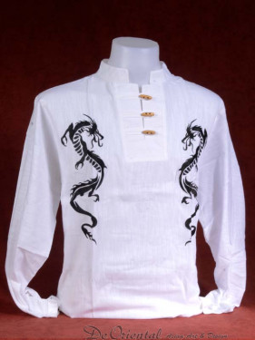 Linnen tropenshirt long sleeve en twee geborduurde draken wit-zwart