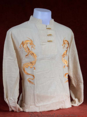 Linnen tropenshirt long sleeve en twee geborduurde draken beige-goud