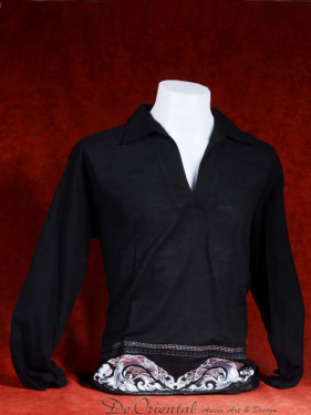 Linnen tropenshirt met geborduurde fantasie patroon lange mouw zwart