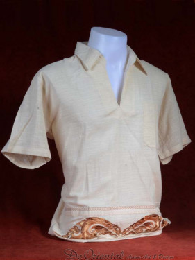 Linnen tropenshirt met geborduurde fantasie patroon korte mouw beige