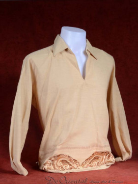 Linnen tropenshirt met geborduurde fantasie patroon lange mouw creme