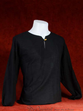 Linnen tropenshirt met lange mouwen en knoopje zwart