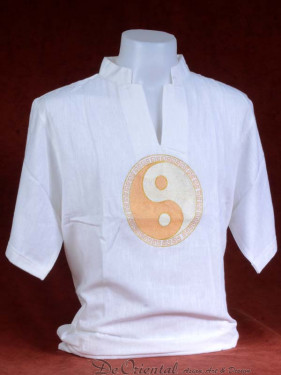 Linnen tropenshirt met geborduurde Yin-Yang goud op wit