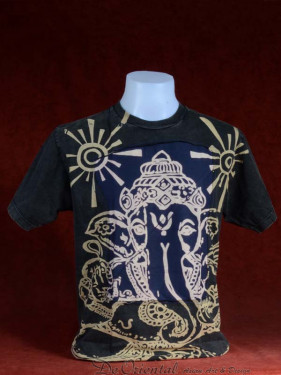 Modern T-shirt met Ganesha zwart-d.blauw patchwork. L Stonewash