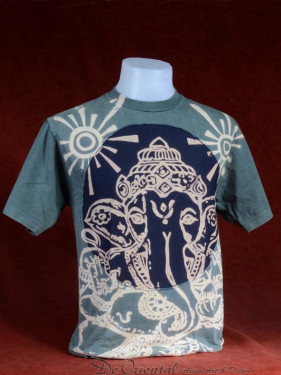 Modern T-shirt met Ganesha grijs-d.blauw patchwork. L