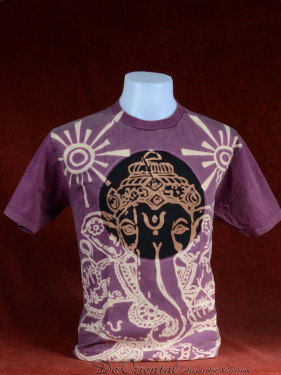 Modern T-shirt met Ganesha paars-zwart patchwork. L