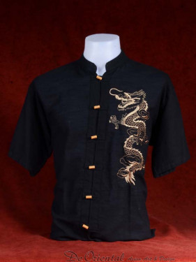 Linnen tropenshirt met dragon zwart