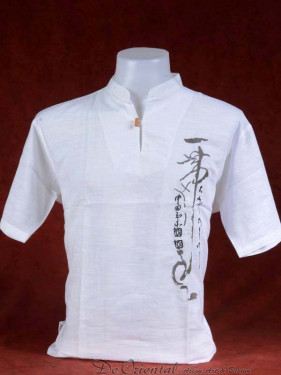 Linnen tropenshirt met geborduurde "zen" script wit