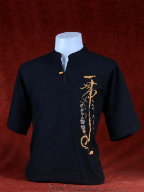 Linnen tropenshirt met geborduurde "zen" script zwart