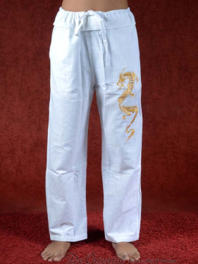 Tai chi broek met geborduurde draak wit linnen
