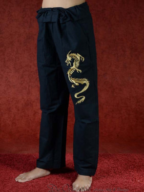 Tai chi broek met geborduurde draak zwart linnen