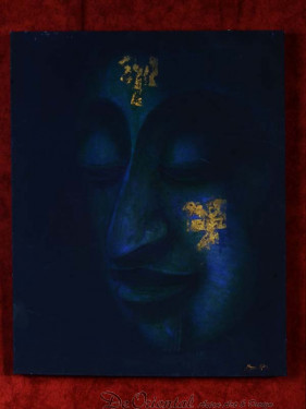 Schilderij met hoofd van Boeddha op canvas blauw