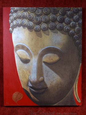 Schilderij met hoofd van Boeddha goud op rood