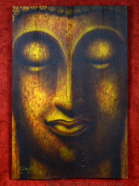 Schilderij met hoofd van Boeddha op houten paneel