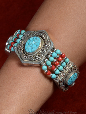 Schakelarmband Tibet, turkoois en bamboekoraal