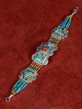 Schakelarmband Tibet, turkoois en bamboekoraal