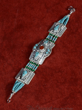 Schakelarmband Tibet, turkoois, malachiet en bamboekoraal