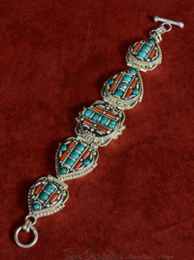 Schakelarmband Tibet, turkoois en bamboekoraal