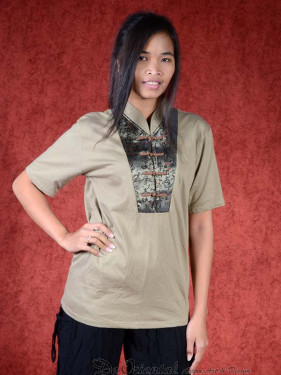 Shirt Mandarin met satijnen decor oker