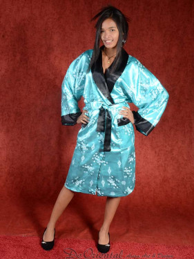 Satijnen Kimono tweezijdig draagbaar Turkoois - Zwart