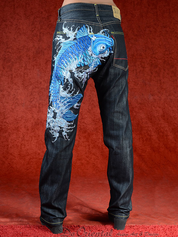 Geborduurde jeans Sugoi met blauwe Koikarper | De Oriental