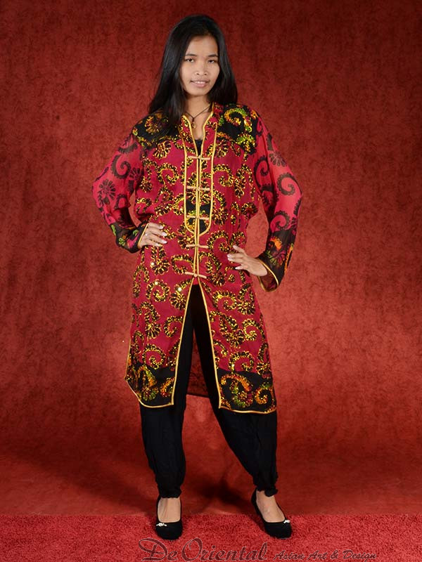 Nadruk Marine Lyrisch Salwar kameez, Indiase jurk of Punjabi dress rood zwart | De Oriental