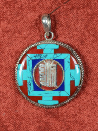 Zilveren mandala hanger met turquoise en koraal