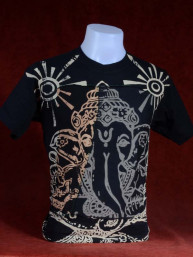 Modern T-shirt met Ganesha zwart-blauw patchwork. M