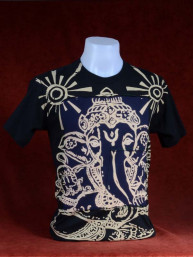 Modern T-shirt met Ganesha zwart-d.blauw patchwork. M