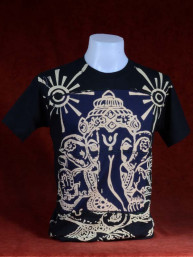 Modern T-shirt met Ganesha zwart-d.blauw patchwork. M