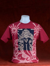 Modern T-shirt met Ganesha rood-d.blauw patchwork. L Stonewash