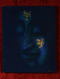 Schilderij met hoofd van Boeddha op canvas blauw