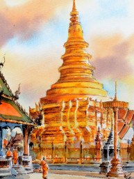 Aquarel Wat Phrathat Haripunchai in Lamphun