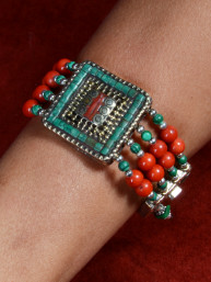 Schakelarmband Tibet, turkoois en malachiet