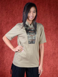 Shirt Mandarin met satijnen decor oker